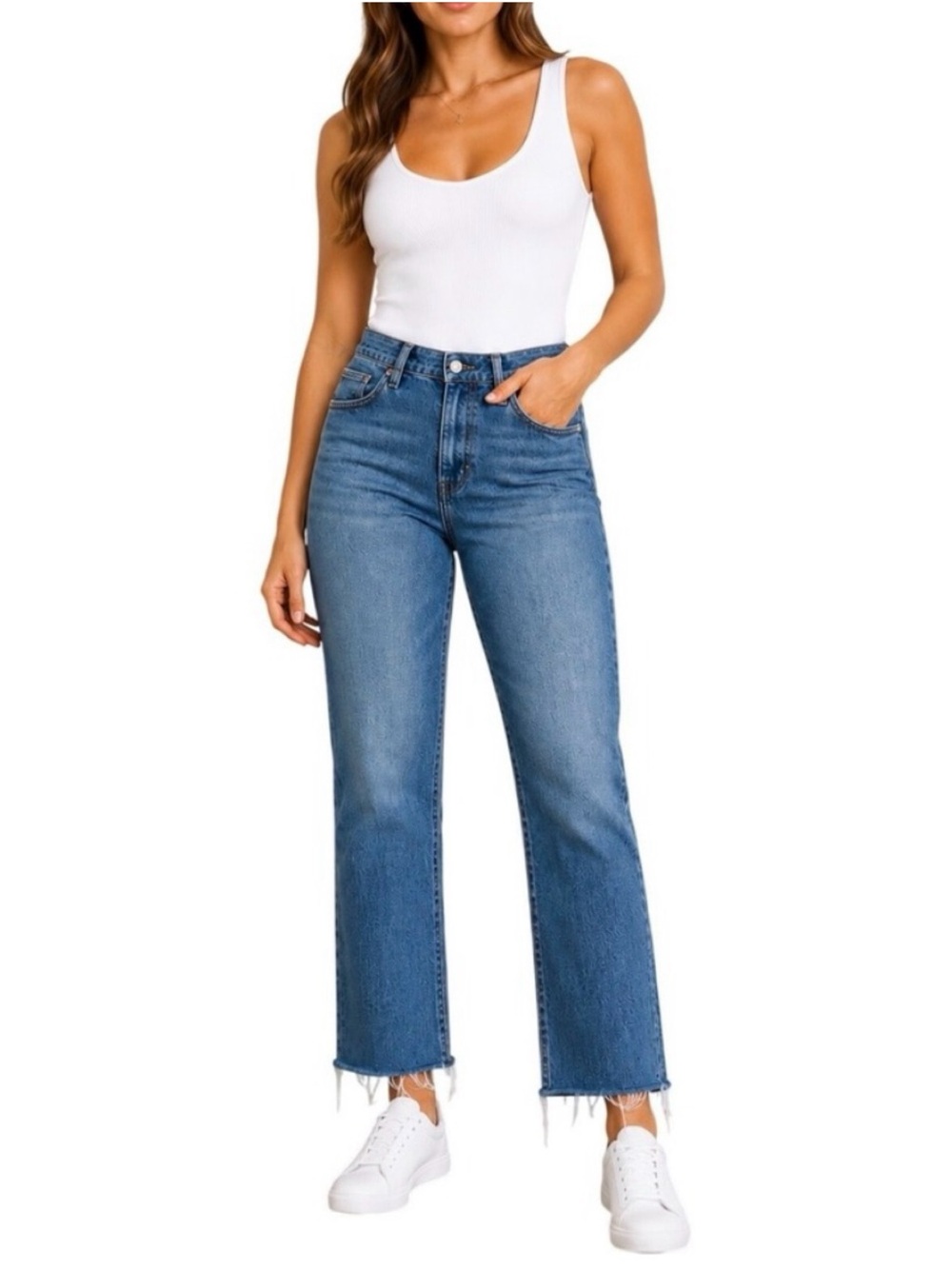 Good American | good curve straight leg jeans with raw kick step hem indigo522